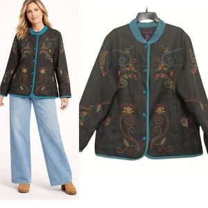 Denim & Co Floral Paisley Embroidered Artisian Inspire Vtg Jean Jacket Lge Boho
